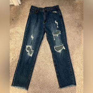 SHEIN - Women’s Straight Leg Distressed Jeans - Dark Wash, Worn Once-Size Medium